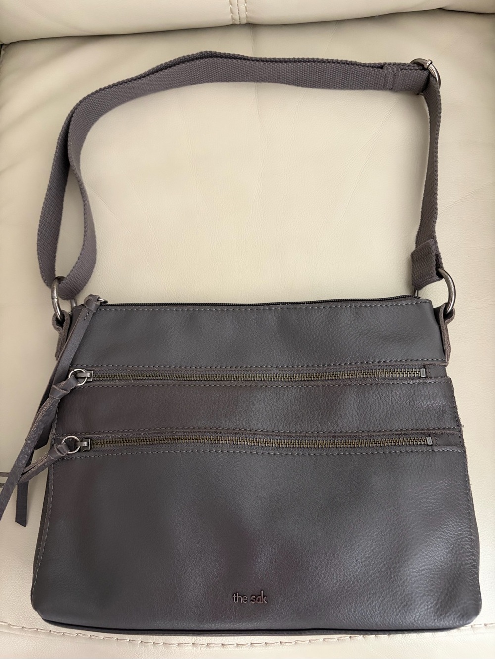 The Sak Gray Leather Triple-Zip Crossbody